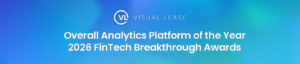 Color block with Visual Lease's logo and title, Overall Analytics Platform of the Year 2026 FinTech Breakthrough Awards